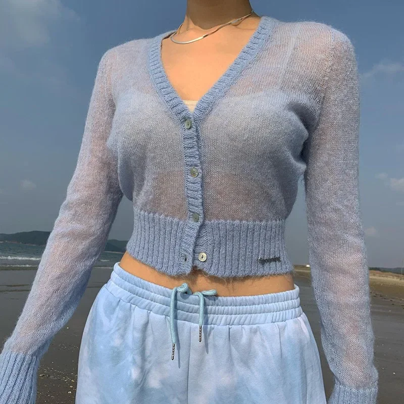 

Women's Spring and Summer New V-neck Knitted Cardigan Sweater Long-sleeved Thin Section Micro-transparent Sunscreen Cardigan Top