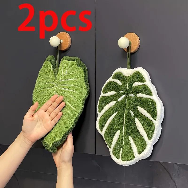 2pcs Leaf-Shaped Finger Towels with Hanging Loop Absorbent Microfiber Bath & Kitchen Towels Contemporary Leaf Hand Towels