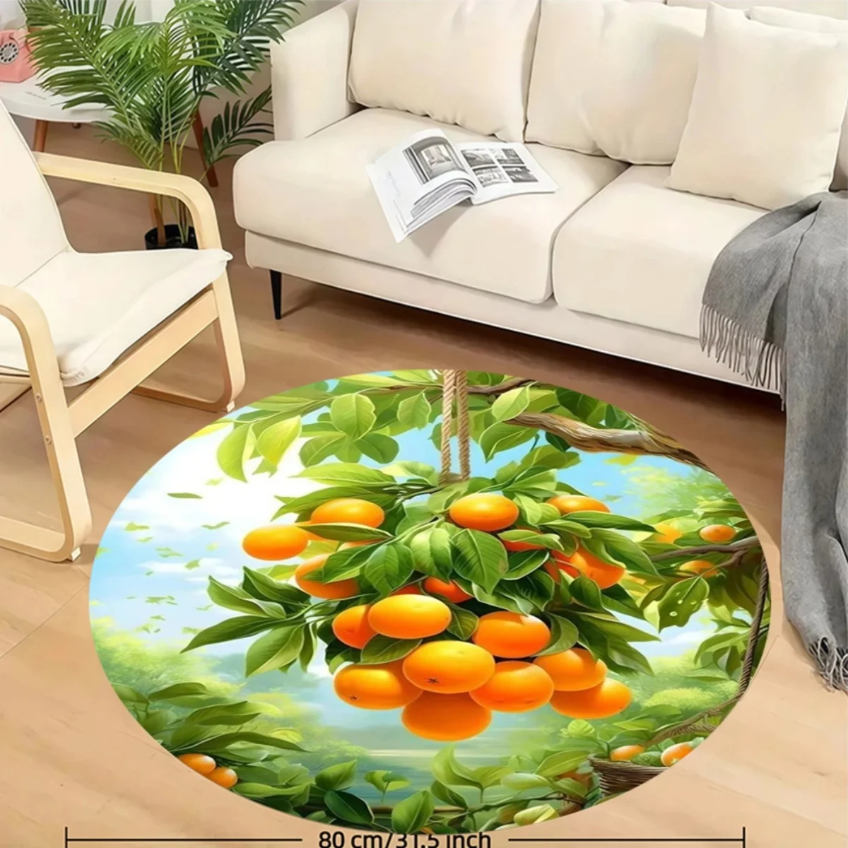 Round Flannel Rug Orange Tree Fruit Design Soft Floor Mat Home Decor Kitchen Dining Area Non Slip Carpet - view 4