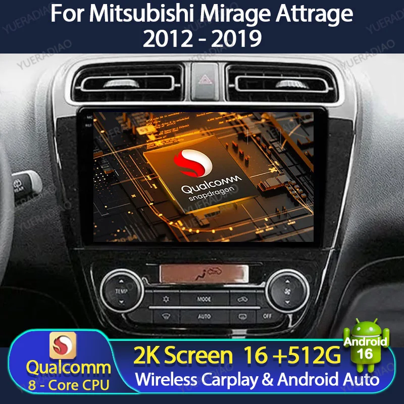 Radio para Auto Android 16 para Mitsubishi Mirage Attrage 2012 2018 2019 Space Star 2014, Reproductor Multimedia con GPS, Navegación, Video, 4G, WIFI, QLED