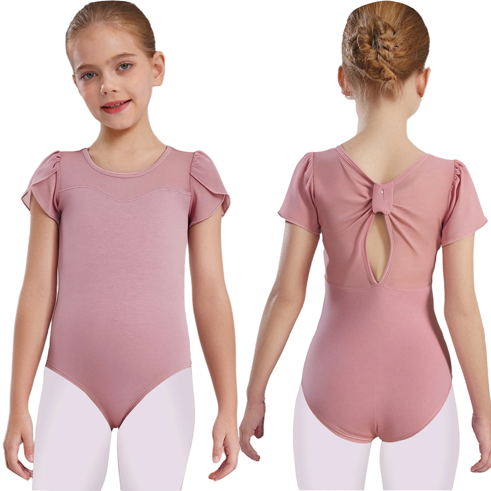 

Kids Girls Ballet Dance Bodysuit Cotton Short Petal Sleeves Keyhole Knot Back Sheer Mesh Patchwork Gymnastics Leotard Costume