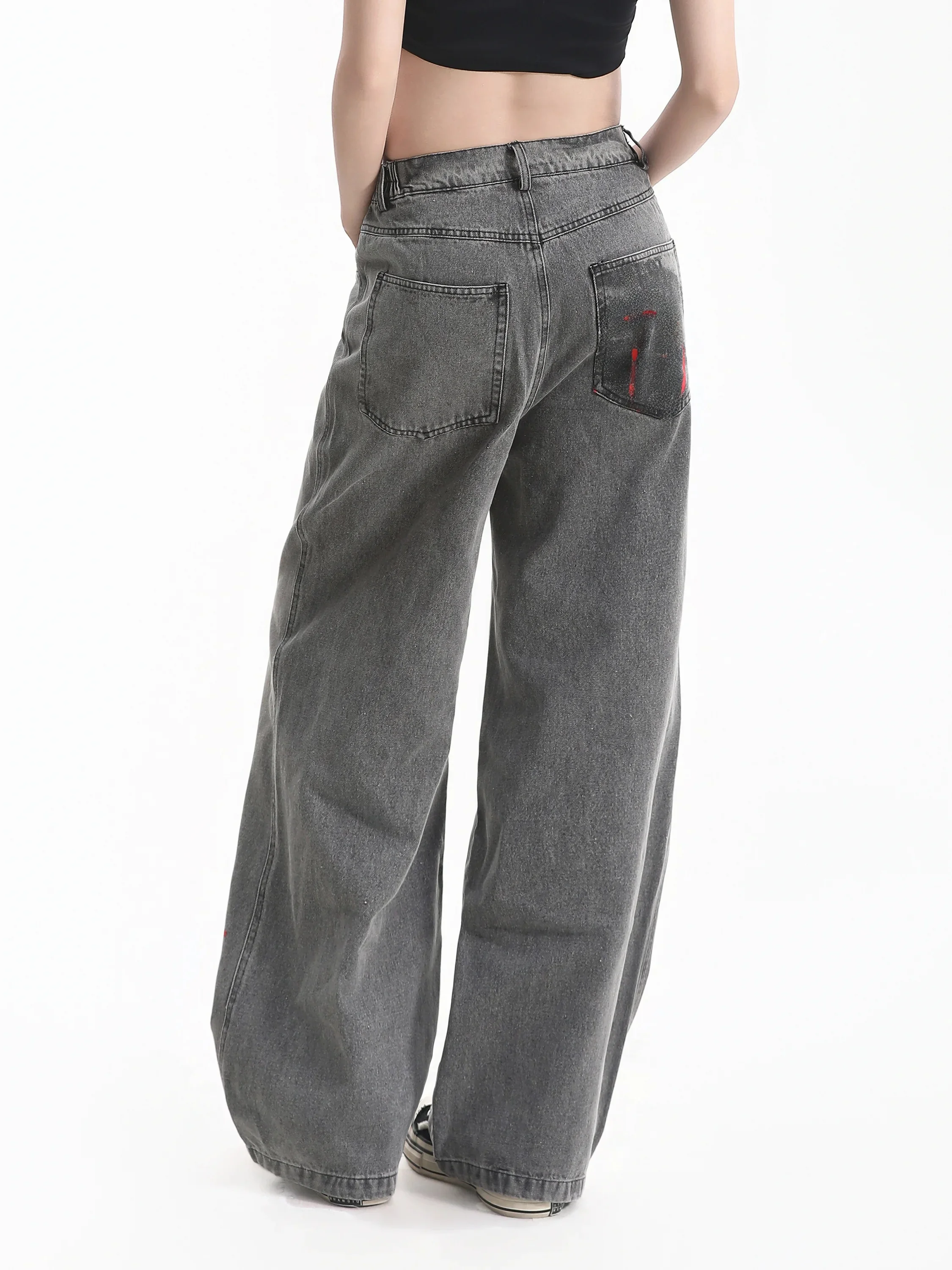 Small Ball High Street Cartoon Graffiti Wide Leg Jeans Women's Gradient Devil Patch Couple Drapey Floor-Length Pants