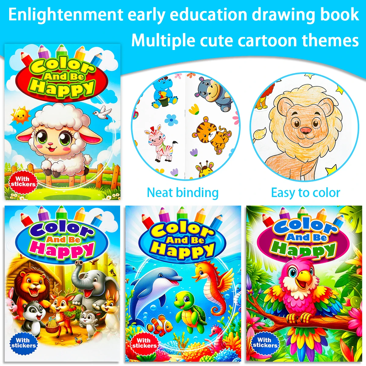 Color And Be Happy Animal Coloring Book With Detachable Stickers Preschool Graffiti Activity Book Creative Learning Gift for Kid