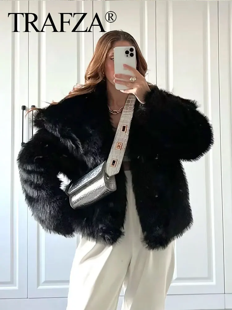 TRAFZA 2024 Autumn Winter Women Casual Faux Fur Jackets Fashion Streetwear Solid Turn Down Collar Warm Oversized Thick Coats