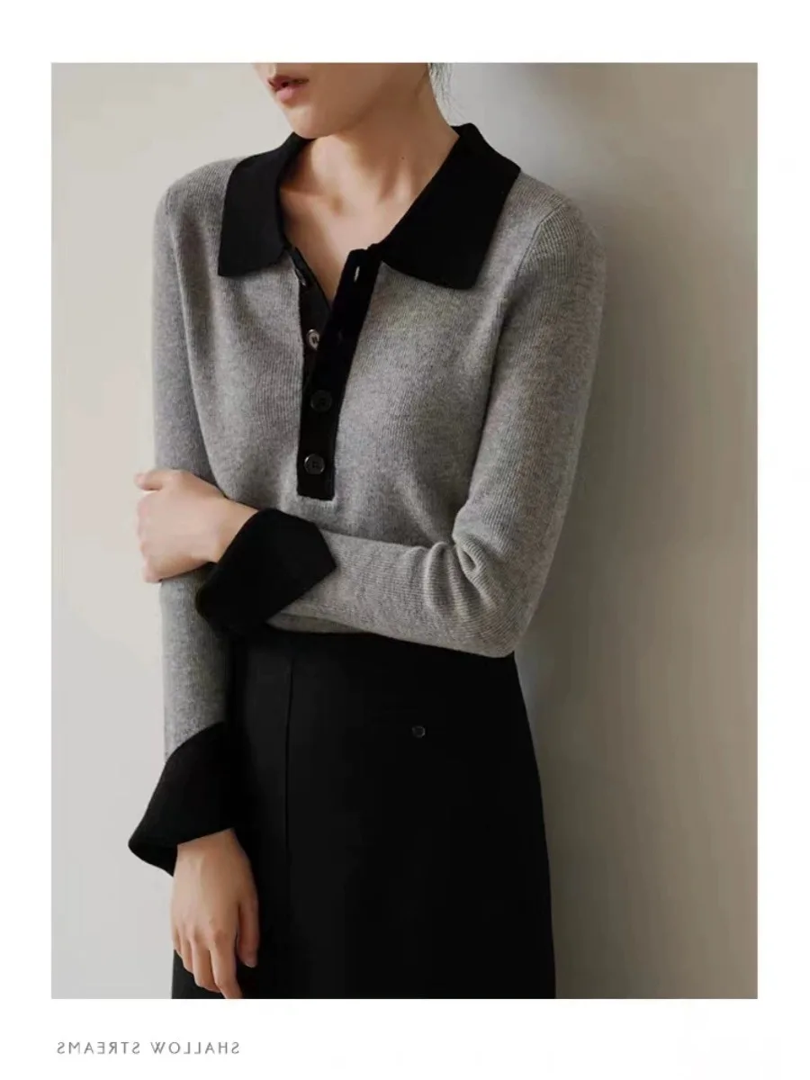 Temperament slim cashmere sweater women\'s POLO collar top fall new gray lapel knit bottom color sweater