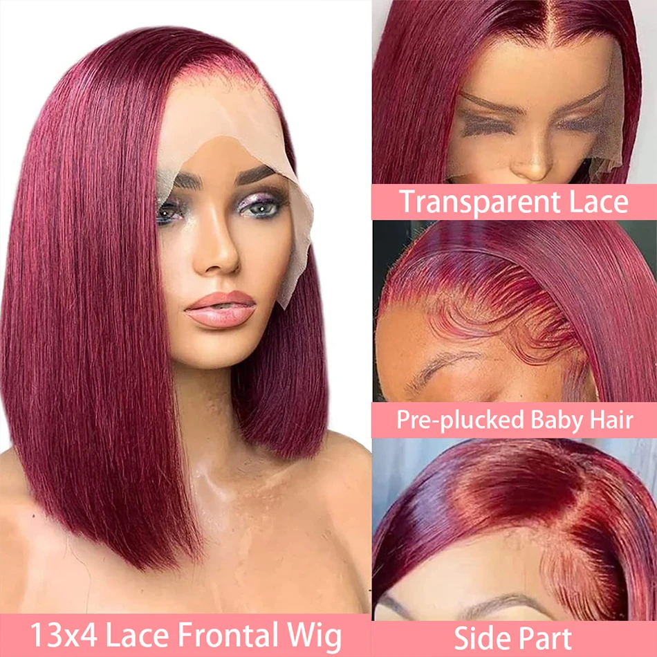 99J Burgundy 200% Straight Short Bob 13x4 Lace Frontal Human Hair Wig Remy Transparent Lace Front Wig 12 Inch Bob Wigs For Women