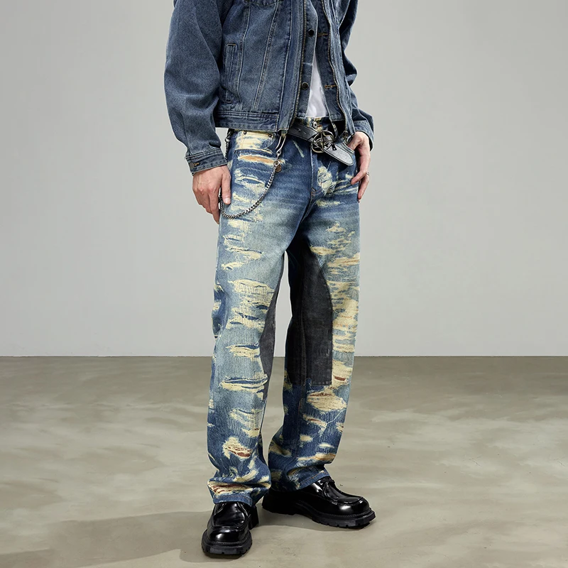 2024New American Retro Nostalgic Jeans Men's Spring Fashion Brand Loose Street Personalized Hip Hop Straight Wide-Leg Pants