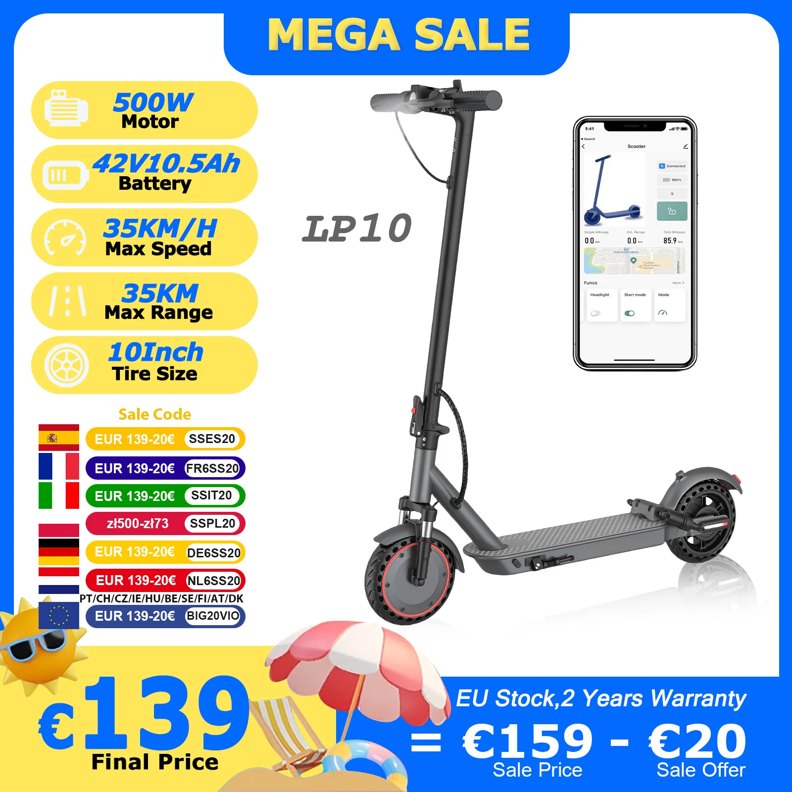 AOVOPRO LP10 500W Scooter électrique 42V 10.5Ah 35 KM/H 35KM longue portée 10 pouces avec Absorption des chocs scooter pliable intelligent