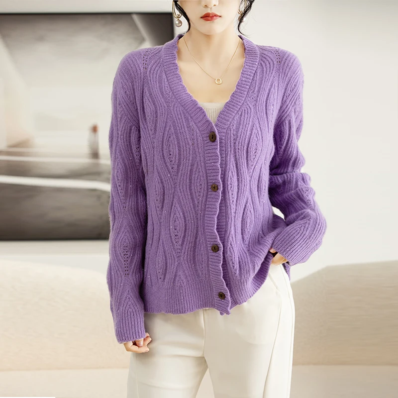 

YSC 2024 Women Knitted 100% pure Wool Cardigan V neck Single breasted Hollow Jacquard Style High-quality Loose fitting Cardigan