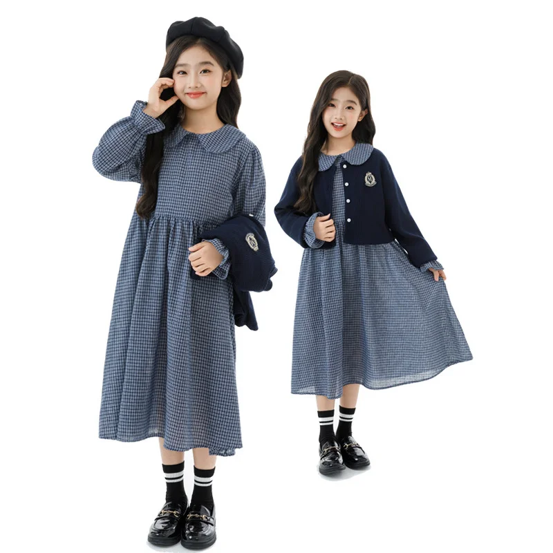 Girls' College Style Suit Skirt Korean Houndstooth Dress2025Autumn Long Sleeve Cardigan Jacket Two-Piece Set