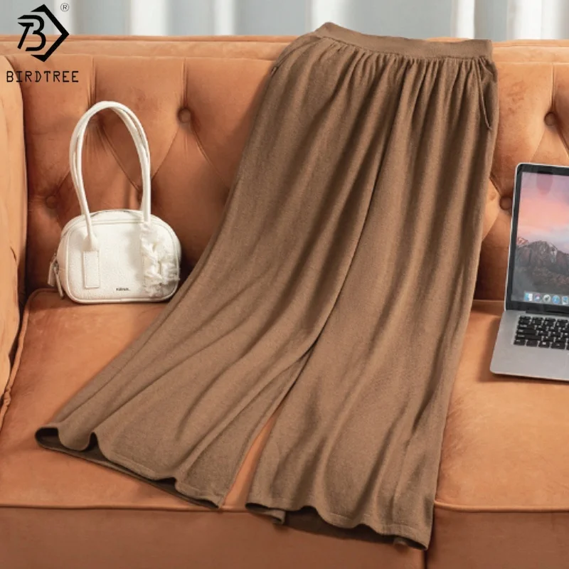 

Birdtree однотонные брюки из 100% овечьей шерсти, женские вязаные мягкие прямые широкие брюки с эластичной резинкой на талии и карманами, стиль для поездок на работу P58525JF