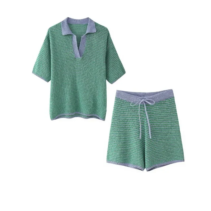 

Повседневная свободная полосатая трикотажная рубашка-поло с воротником, футболка + шорты на эластичной талии на шнуровке, комплект из 2 предметов, шорты с высокой талией, комплект для женщин