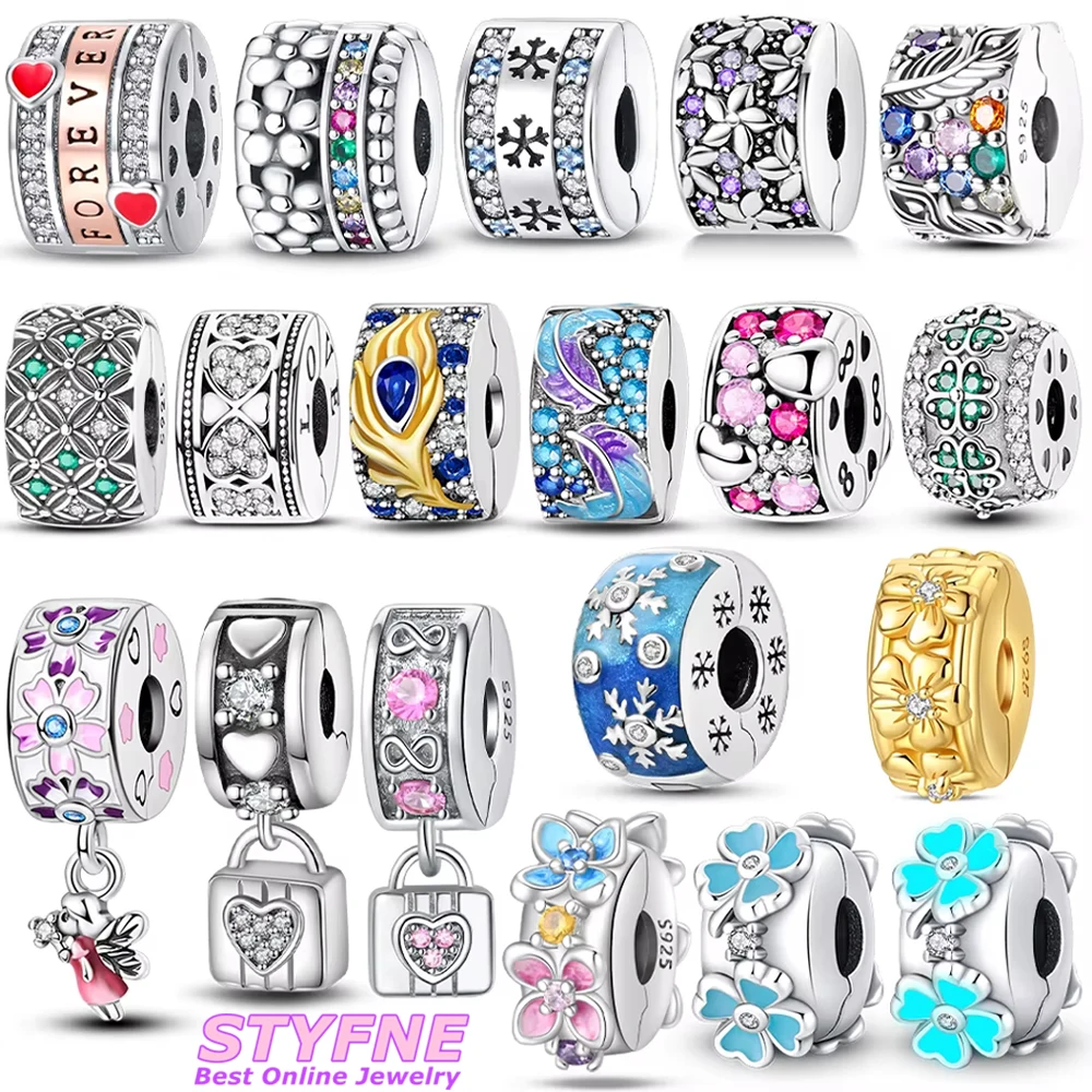 Classic Original 925 Silver Four-leaf Clover Pink Zircon Snowflake Lock Heart Beads Fit Bracelet Jewelry Diy Gift Accessory