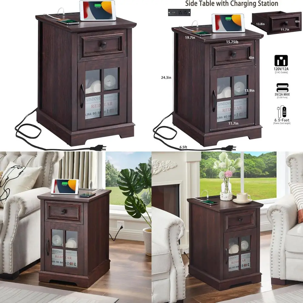 Charging Station End Table, USB & Outlet Side Table, Drawer & Glass Door Nightstand, Cherry Bedroom Tables for Living Spaces