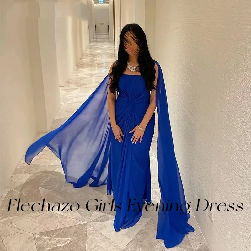 Flechazo Royal Blue Chiffon Evening Dresses Pleated Ruched Long Cape Formal Party Dress For Women 2024 vestidos de noche