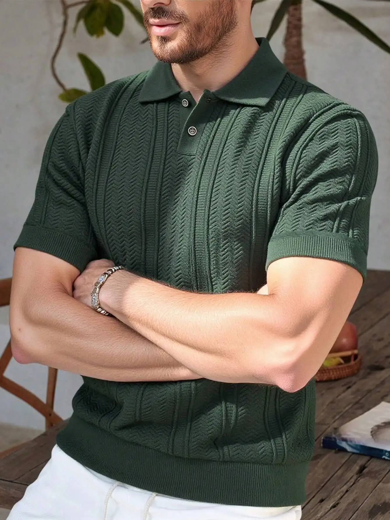 

Men's Green Textured Knit Polo Shirt, Short Sleeve, Regular Fit, Casual Wear