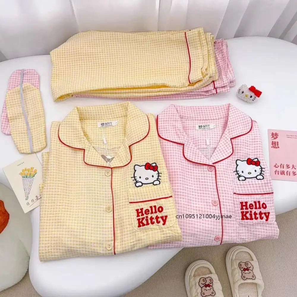 

2Pcs Cartoon Hello Kitty Women's Pajamas Set New Loungewear Lapel Long Sleeve Cotton Casual Silk Pajamas Women's Sanrio Pajamas