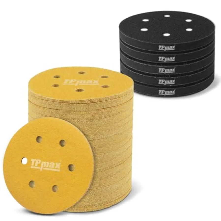 

6 Inch 6 Hole 100 Pcs 240 Grit Sanding Discs and 5 Pcs Interface Pads Premium Gold Sandpaper and Sponge Cushion Buffering Backi