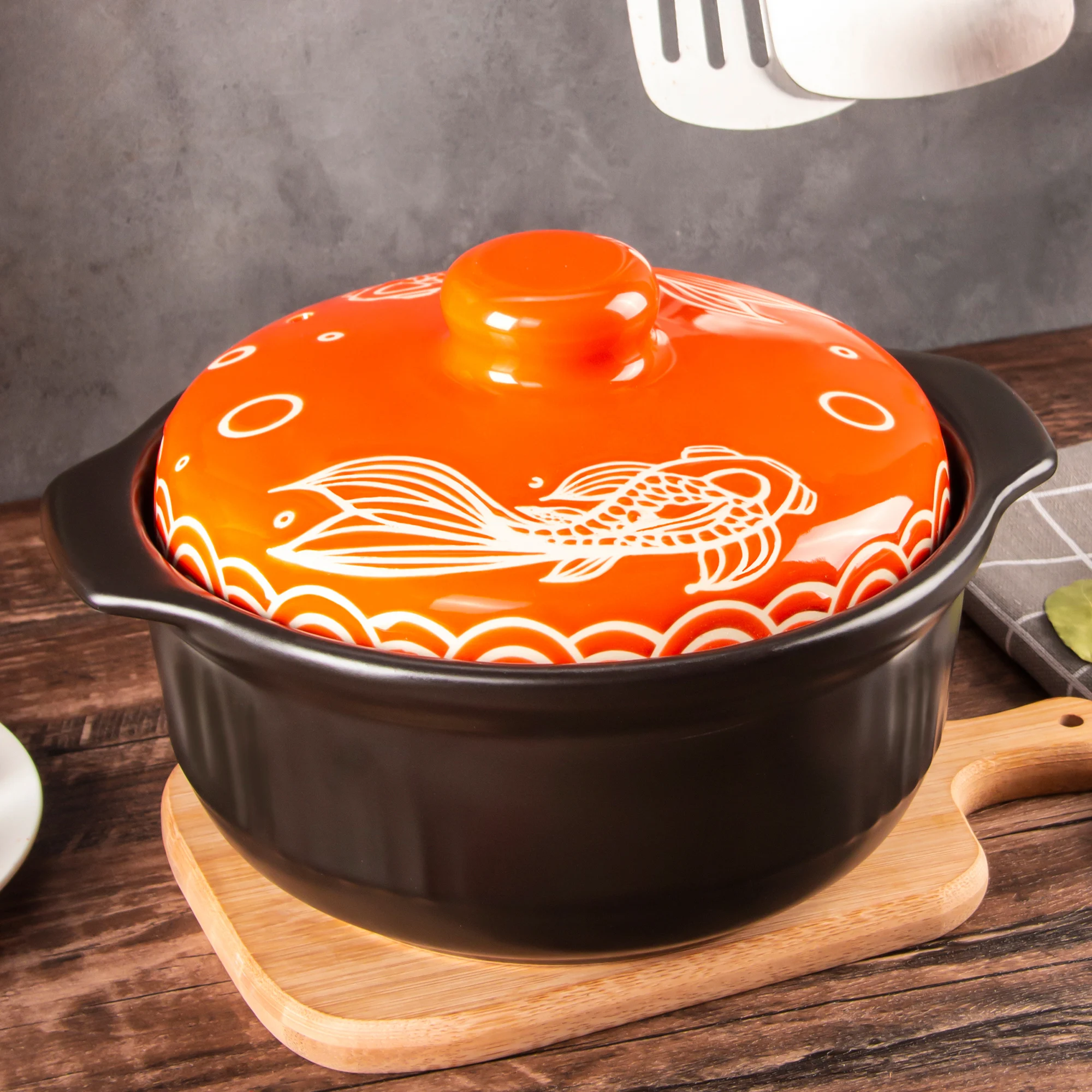 115oz/3400ml Ceramic Casserole Stew Pot, Orange Fish Embossed Pattern Ceramic Casserole, Perfect for Kitchen Open Fire Gas, Soup