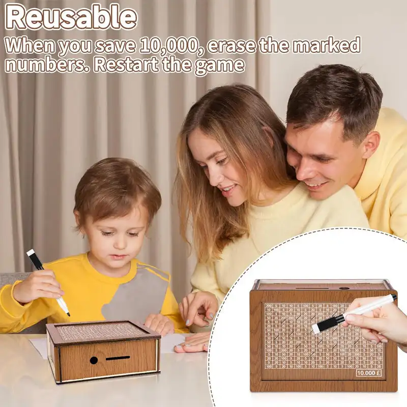 Wooden money box with engraved figures,1000/2000/5000/10000 dollar Money Box with Saving Goal and Numbers Boxes