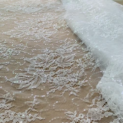 Thin Flowers Lace With Small Clear Sequins Off White Shiny Good Quality 1 Meter