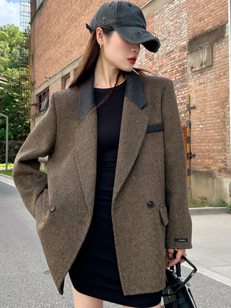 Office Lady Short Woolen Suit Jackets 2024 Autumn And Winter Double Breasted Herringbone Loose Women's 100% Wool Coats Outerwear