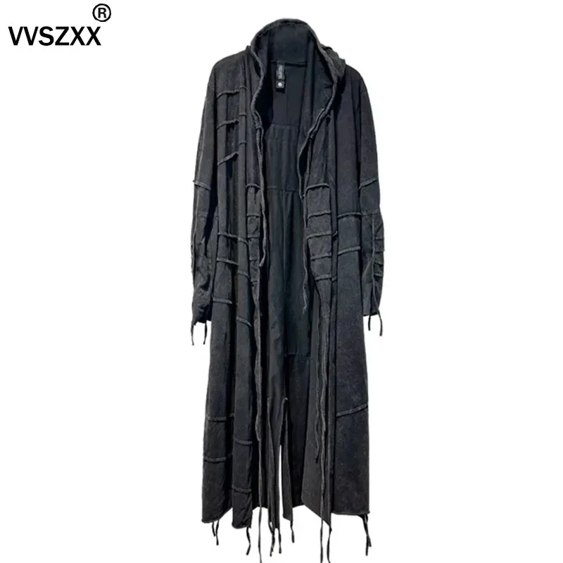 Waste Soil Dune Style Washed Distressed Hooded Cape Coat Stereoscopic Cropping Long Sleeved T-shirt Windbreaker Men