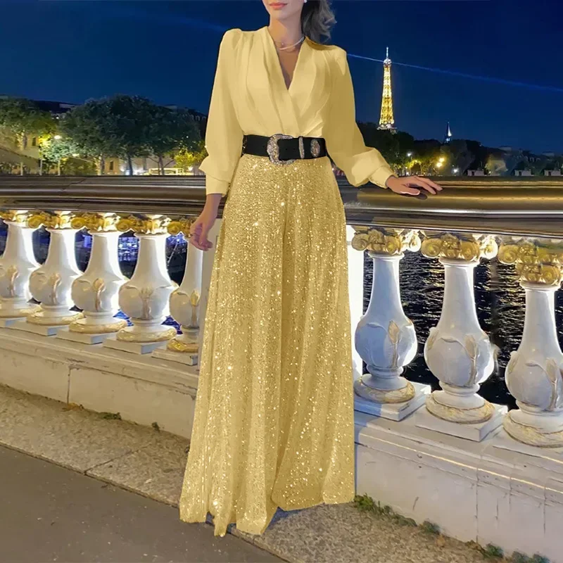 Women's Jumpsuit Fashion V-neck Long Sleeved Shirt with Elegant Temperament Slim Waist and Sequin Wide Leg Pants Autumn 2024