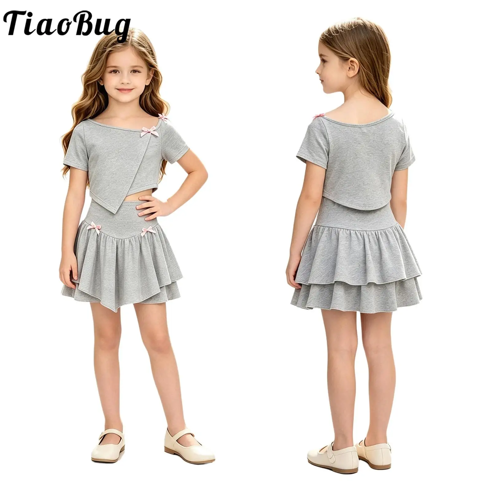 Kids Girls 2 Piece Summer Y2K Clothing Outfit Short Sleeve Asymmetrical Crop Top with Irregular Hem Layered Ruffled Skirt 6-14Y