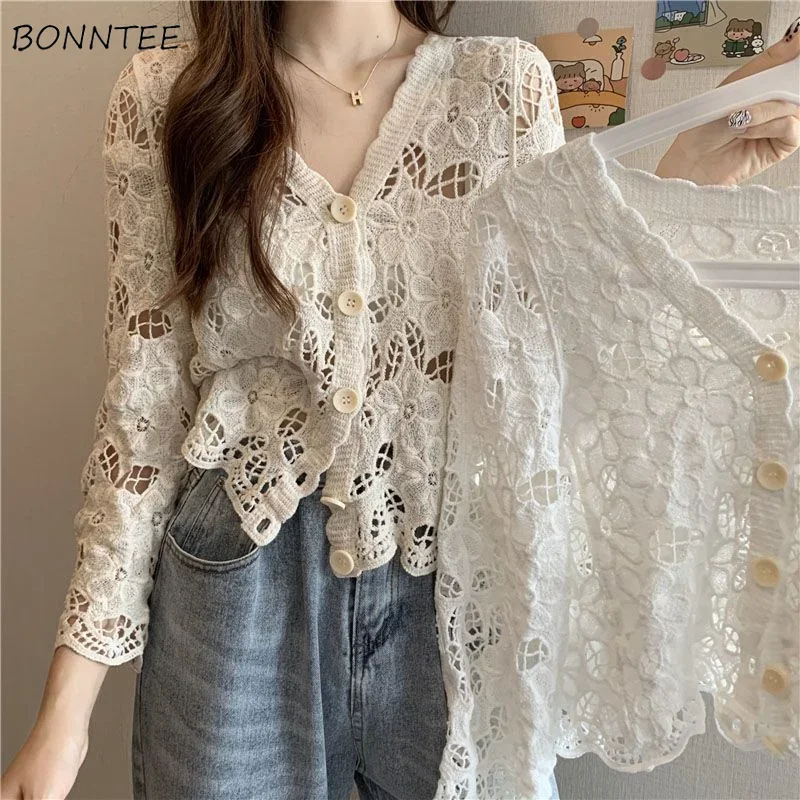 Hollow Out Cardigan Women Knitted Summer Vintage Breathable Korean Style Ladies Temperament Thin Solid All-match Classic Casual