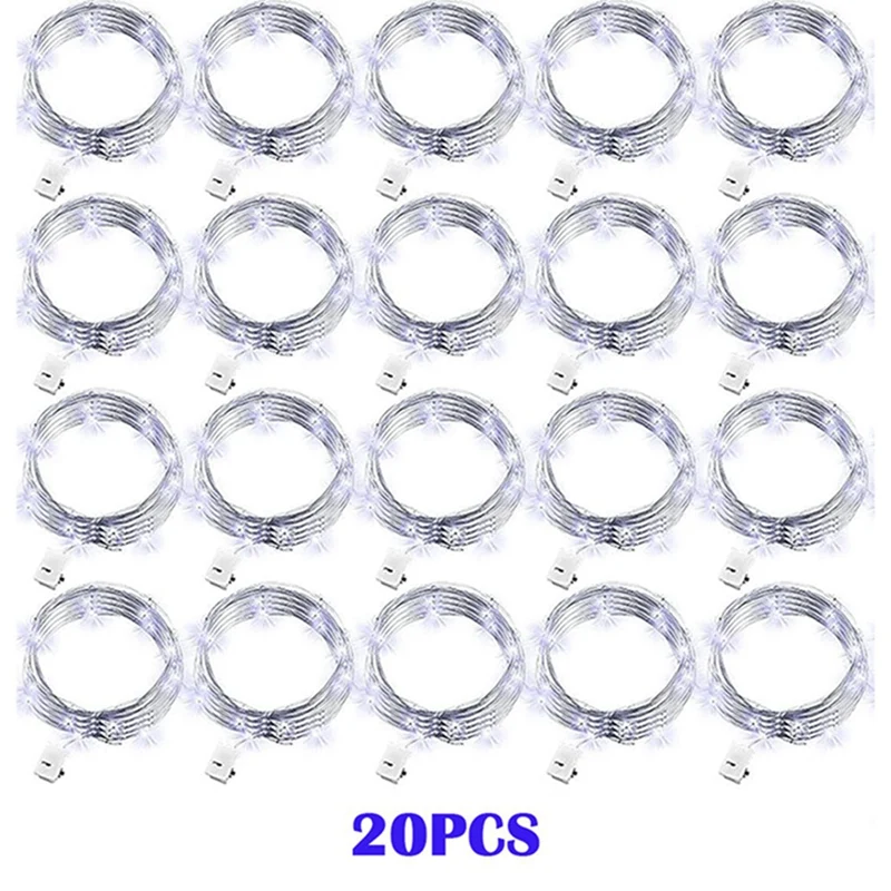 20er-Pack Lichterketten, 20 LEDs, 2 m, silberfarbener Kupferdraht, batteriebetriebene Dekorationen, Lichter für Hochzeit, Party, Weihnachtsdekoration