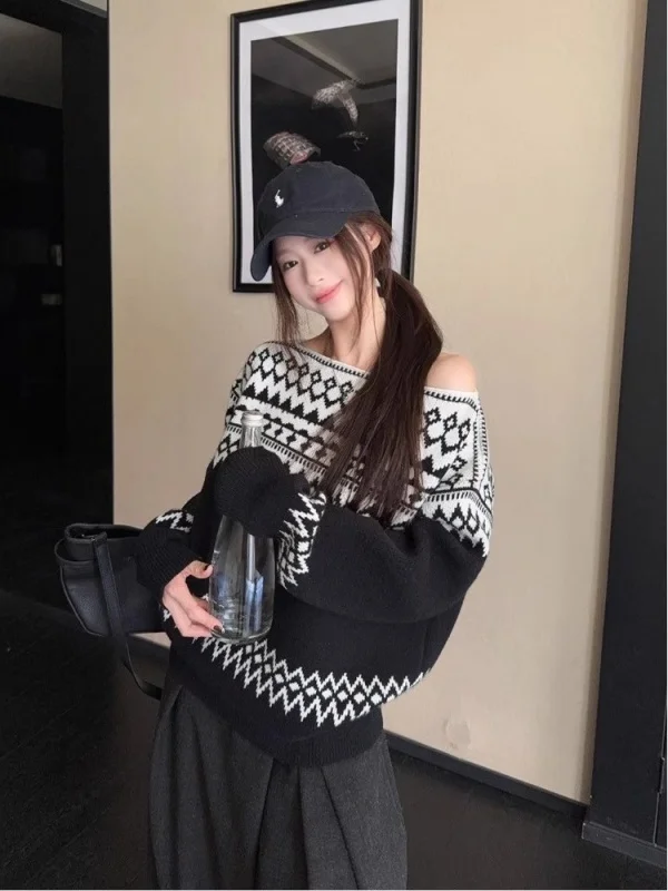 

Loose Lazy Aosphere Knitted Top Retro Fair Isle Color Blo Embroidery Long Sve One oulder Knitwear for Young Women