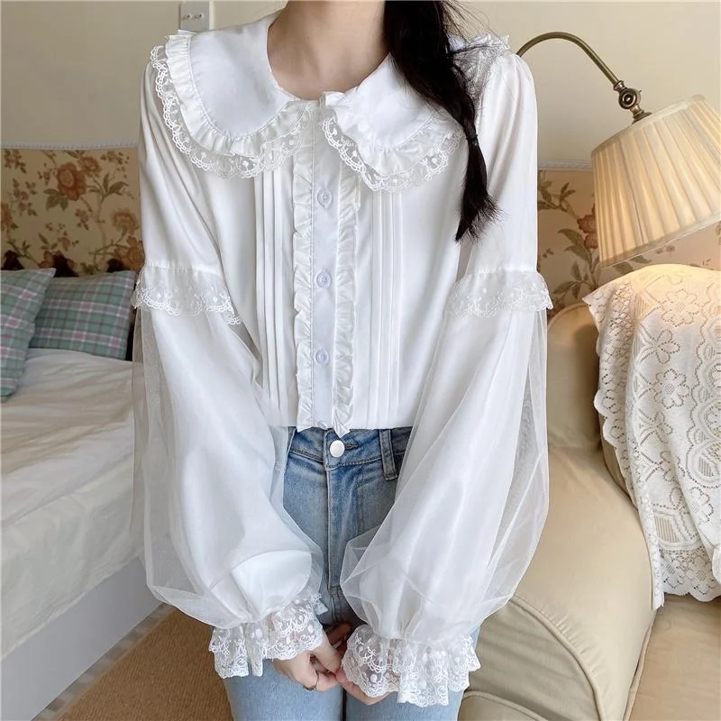 Sweet Lolita Shirt White Elegant Women Preppy Style Blouses Cute Peter Pan Collar Lace Ruffle JK Shirts Girls Long Sleeve Top