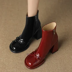 Elegant High Heels Women Ankle Boots Bow Sweet Shoes Winter New 2025 Trend Chunky Pu Leather Party Dress Snow Boots Pumps Mujer