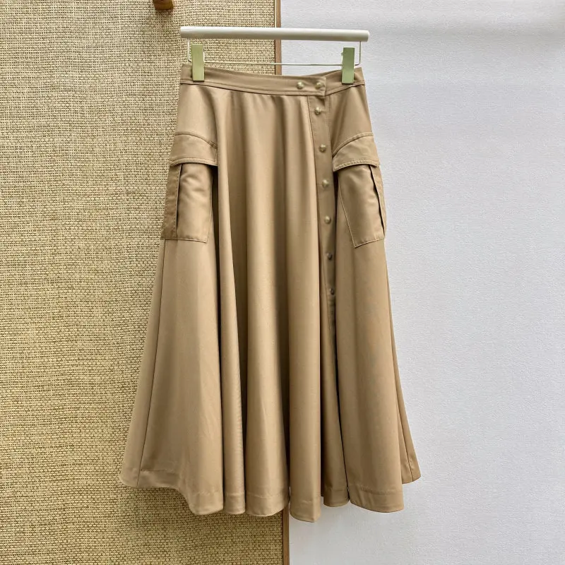 2026 Khaki Pocket Decorative Tooling Vintage Sweet Cool High Waist Side Buckle Mid-length Skirt
