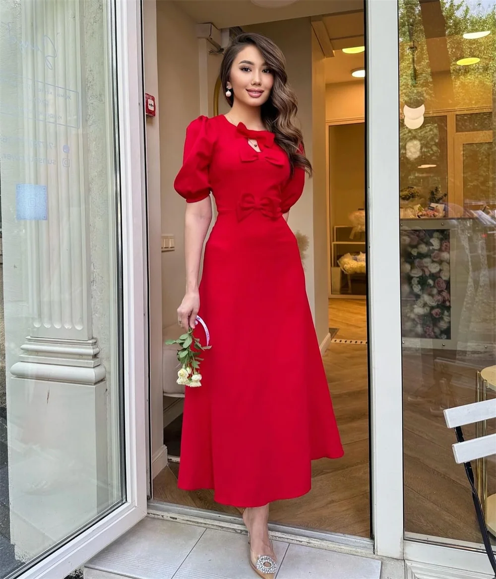 Customized Exquisite Elegant Jersey Bow Pleat A-line Scoop Neck Midi Dresses Cocktail Dresses High Quality Modern Style Matching