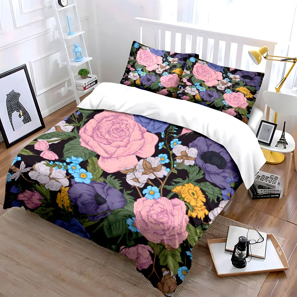 Colorful floral and green leaf pattern Bedding Set for Kids Luxury Gift 3pcs Digital Print Comforter Set Soft Comfortable
