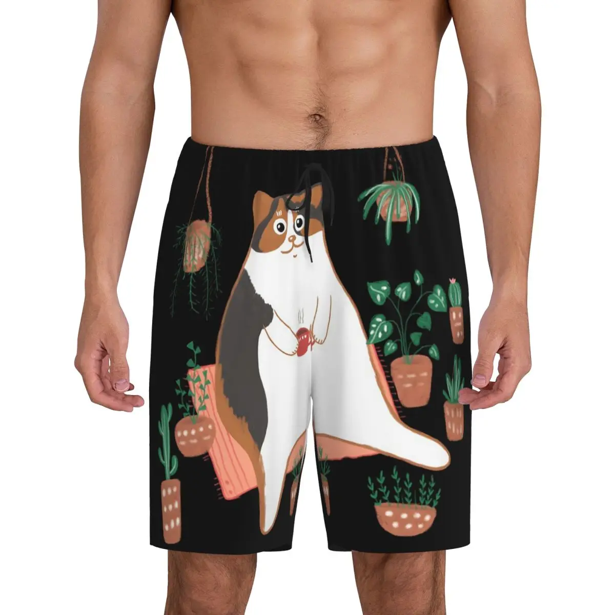 

Custom Calico Cat With Pot Plants Cat For Mom Short Pajama Pants Men Sleepwear Sleep Lounge Bottom Shorts Sleeping Pants
