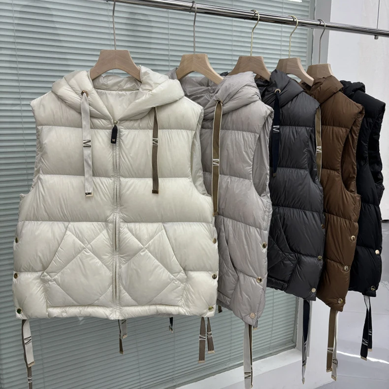 Schinteon Women 90% White Duck Down Vest with Hood Casual Sleeveless Jacket Simple Solid Color Fashionable Autumn Winter Top New