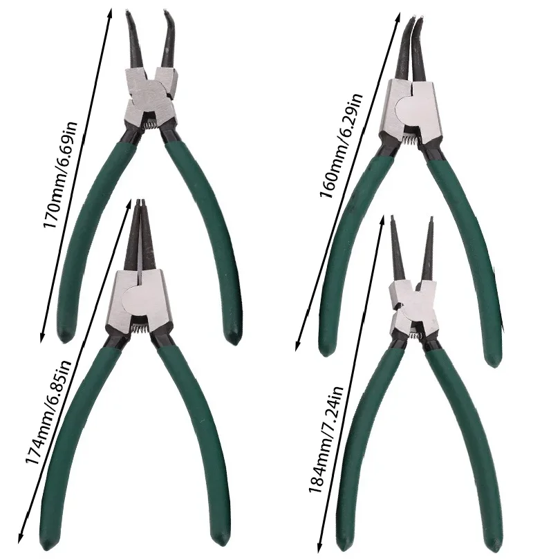 4-piece retaining ring pliers set, retaining ring and spring removal tools, inner and outer retaining ring bending pliers.
