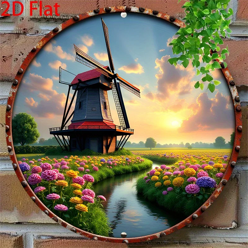 Vintage Distressed Round Metal Tin Sign, Dutch Windmill Colorful Flower Field River Sunset Rusty Rivet Border Outdoor Wall Decor