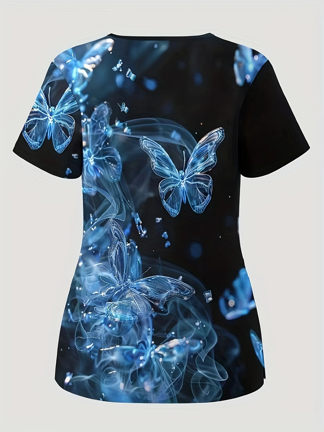 나비 프린트 신축성있는 듀얼 포켓 v 넥 탑 편안하고 기능적인 간호사 여성 의류 용 반팔 유니폼