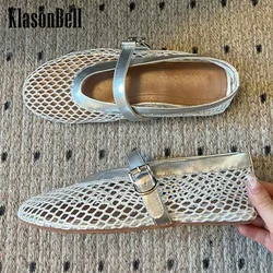 6.25 KlasonBell Women Hollow Out Mesh Breathable Comfortable Flat Shoes  Buckle Strap Genuine Leather Round Toe Sandals