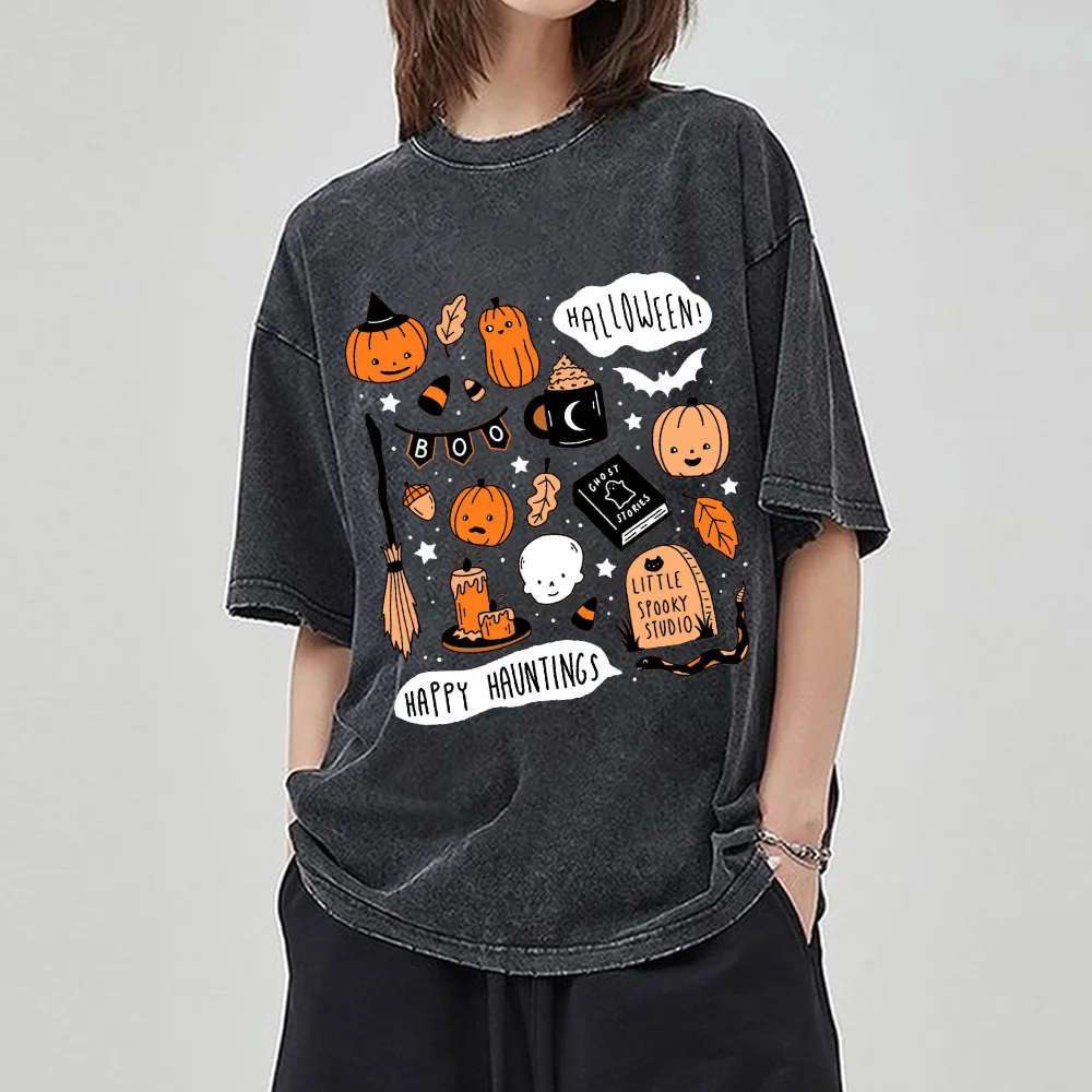 Happy Halloween Pumpkin Print Women's T-Shirts  Washed Fabric Oversized Breathable Short-Sleeved Vintage Distressed Festive Wear