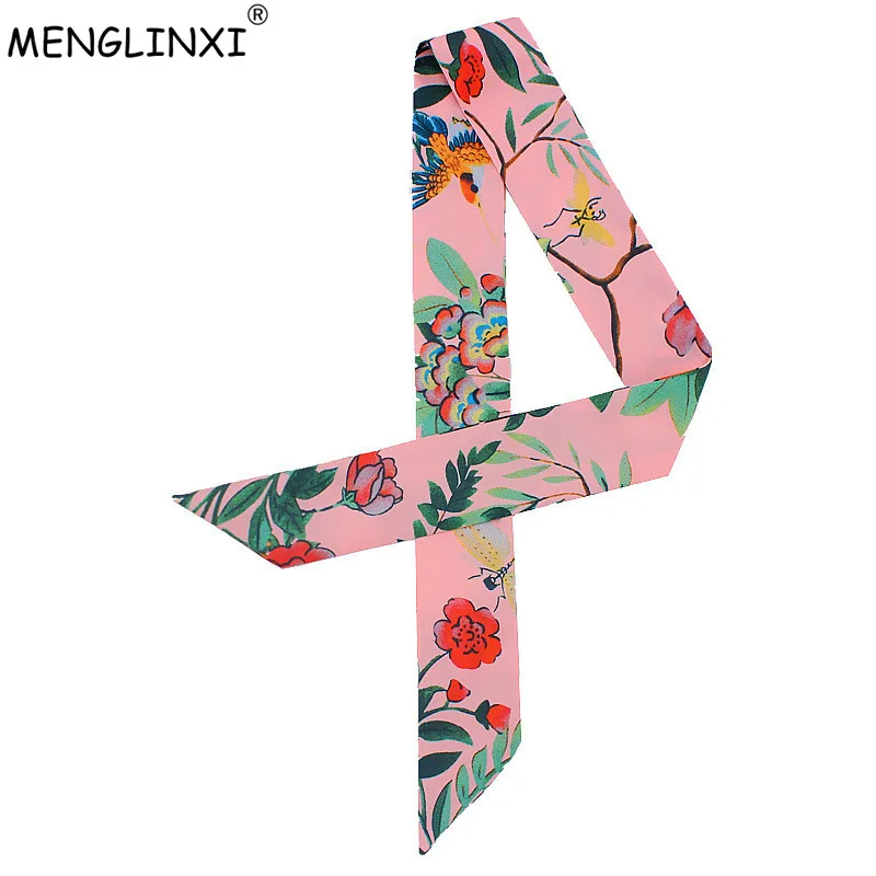 2024 New Design Scarf Floral Print Tie Women Silk Scarf Fashion Head Scarf Brand Handle Bag Ribbons Small Long Scarves C49