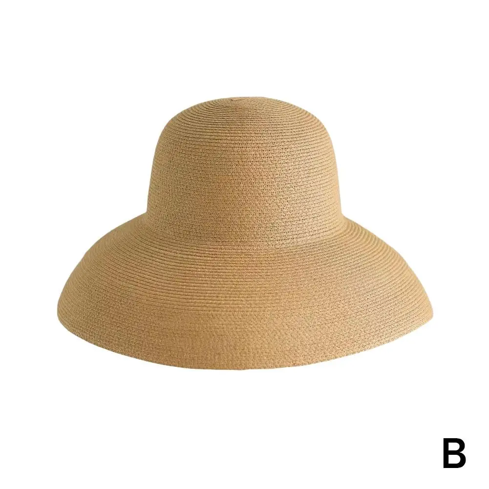 Damen-Strohhut, Sommerhut, einfarbig, elegant, breitkrempig, Sonnenschutz, Hepburn-Stil, Strandhut für draußen_voghion.com