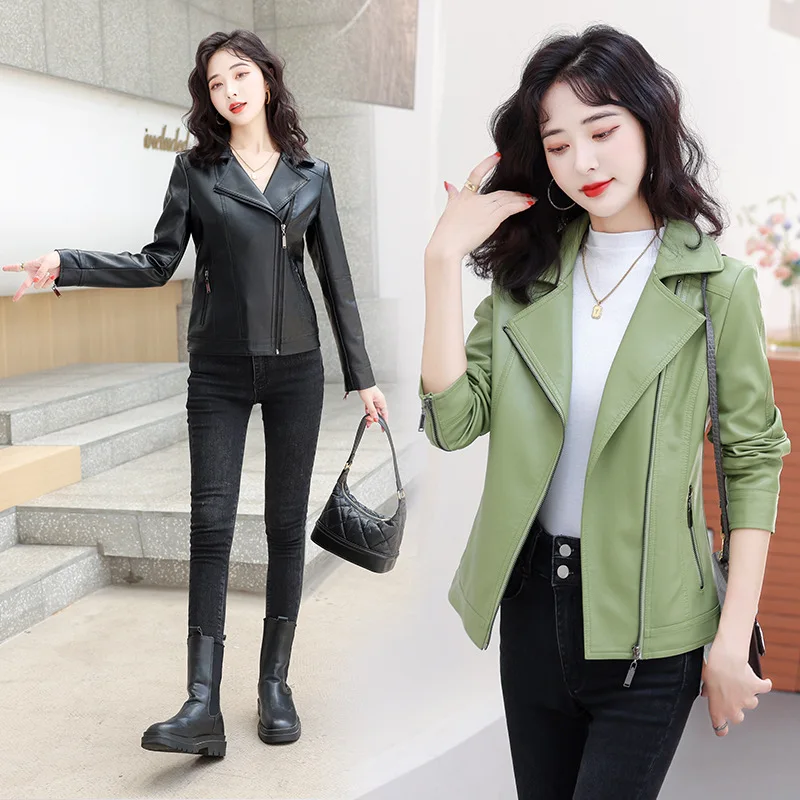 New Women Moto Jacket Spring Autumn 2025 Cool Trendy Slim Short Zipper Sheepskin Leather Coat Split Leather Biker Jacket Winter
