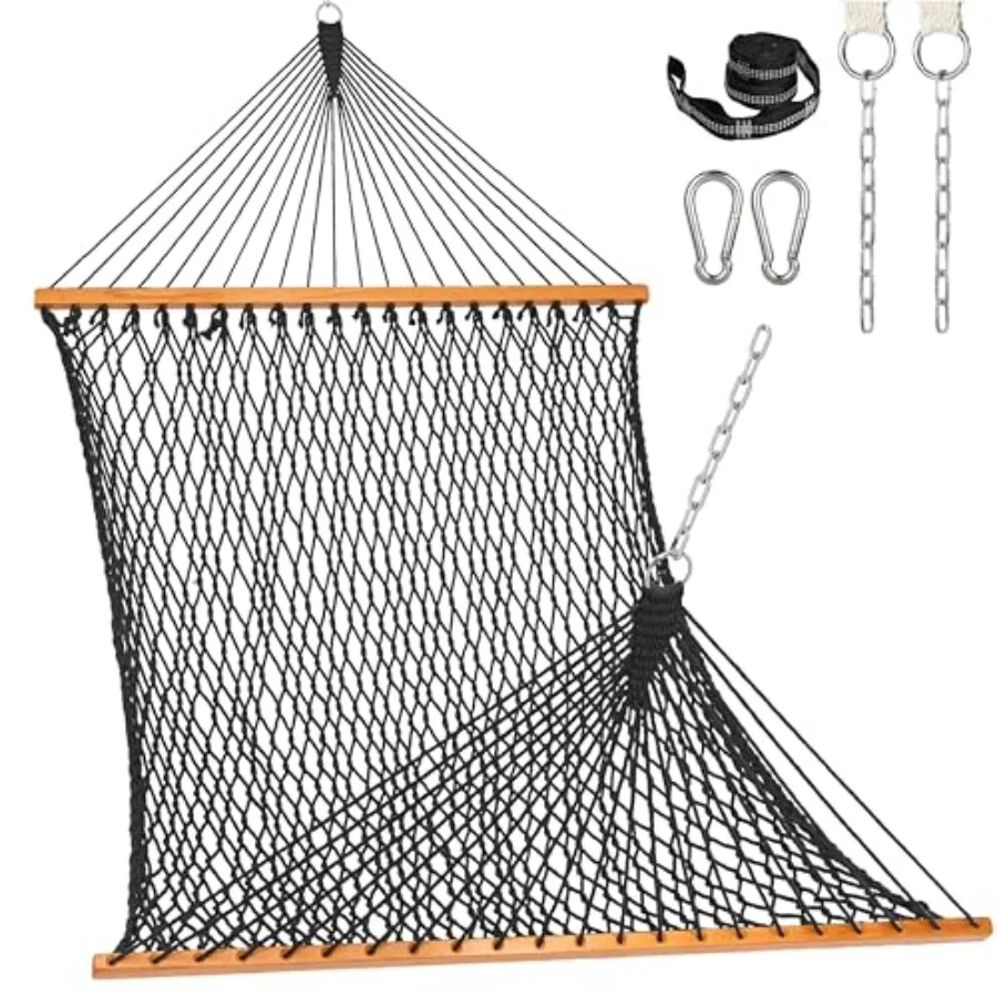 

Double Rope Hammock 2 Person Traditional Outdoor Hand Woven Cotton Rope Hammock with Spreader Bar Carabiners Tree Straps Chains