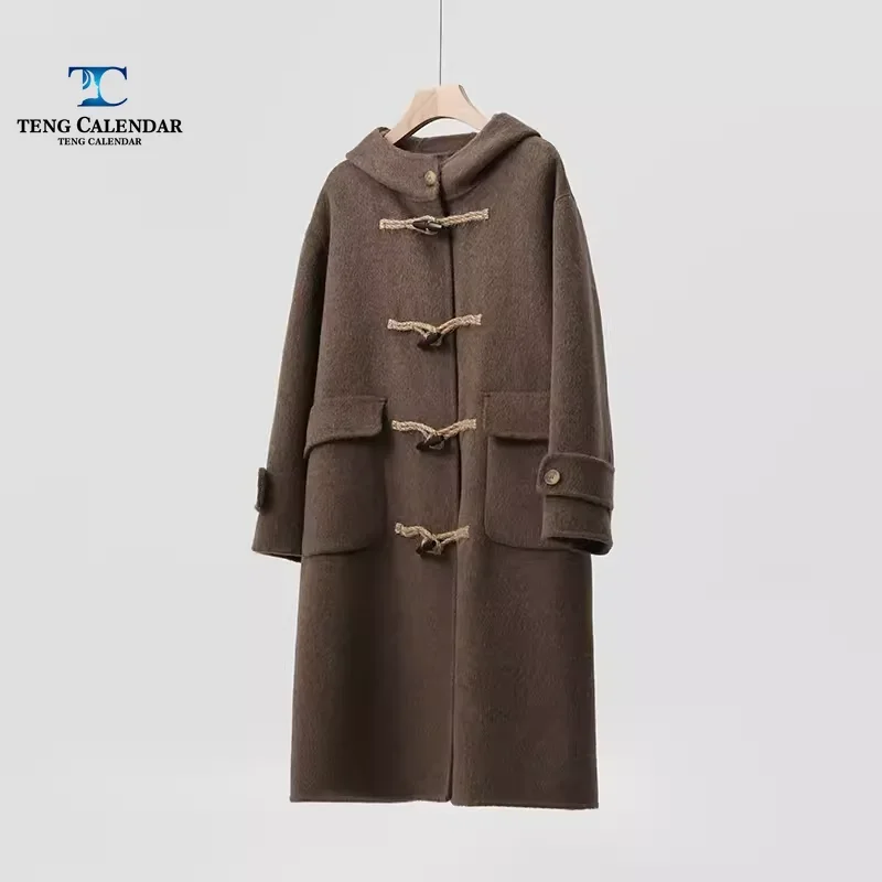 Women's Hooded Wool Coat, High-end Corner Button Korean Style Double-sided Wool Coat, Autumn and Winter New Style