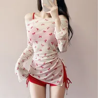 Traje de baño coreano rojo, conjuntos de Bikinis sexis de cintura alta, 3 piezas con cubierta con estampado de lazo, bata con cordón, traje de baño con cordones, ropa de playa